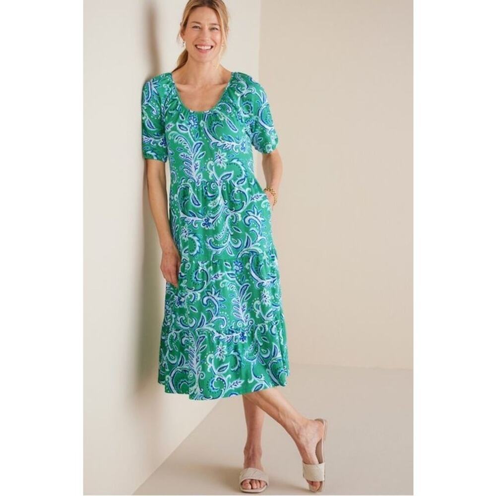 NWT Soft Surroundings Ilana Midi Dress Green Paisley/Leaf Ikat Tiered SZ M